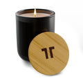 Curfew 390g candle in matte True Noir glass with an engraved bamboo lid