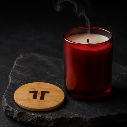 Detail of Bloodwood's Cranberry Glow glass and engraved bamboo lid
