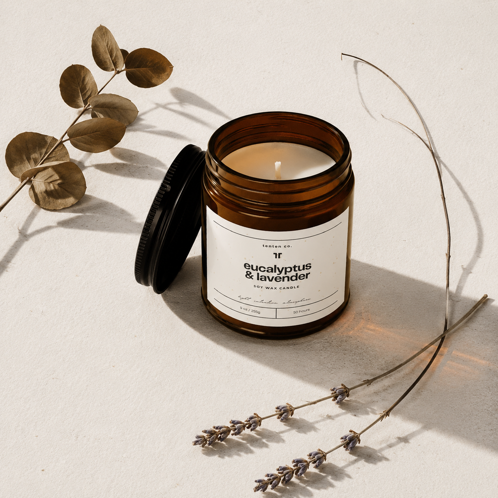 Open TenTen Eucalyptus and Lavender 255g candle in hard natural light