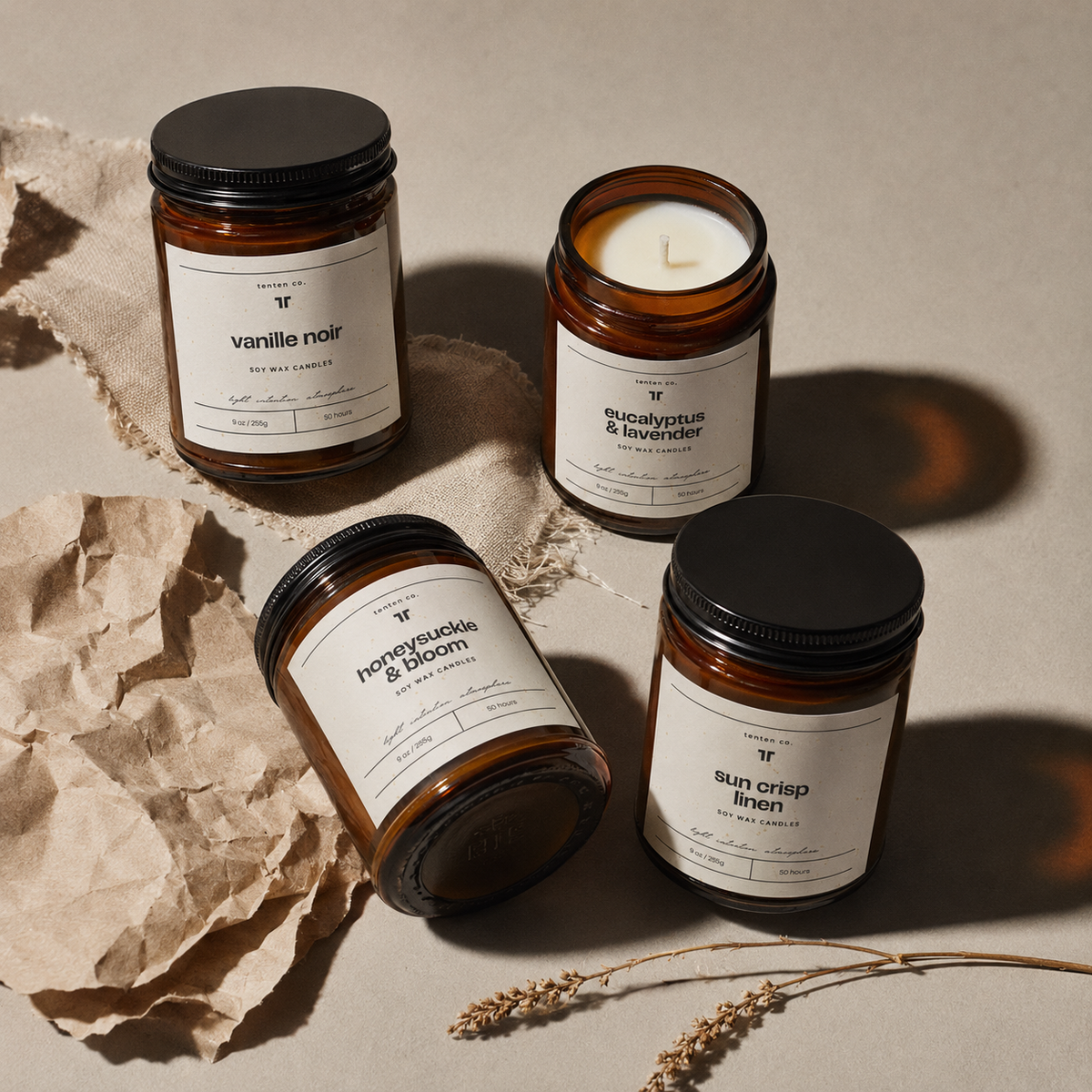The complete TenTen RITUAL collection of four 255g amber candles