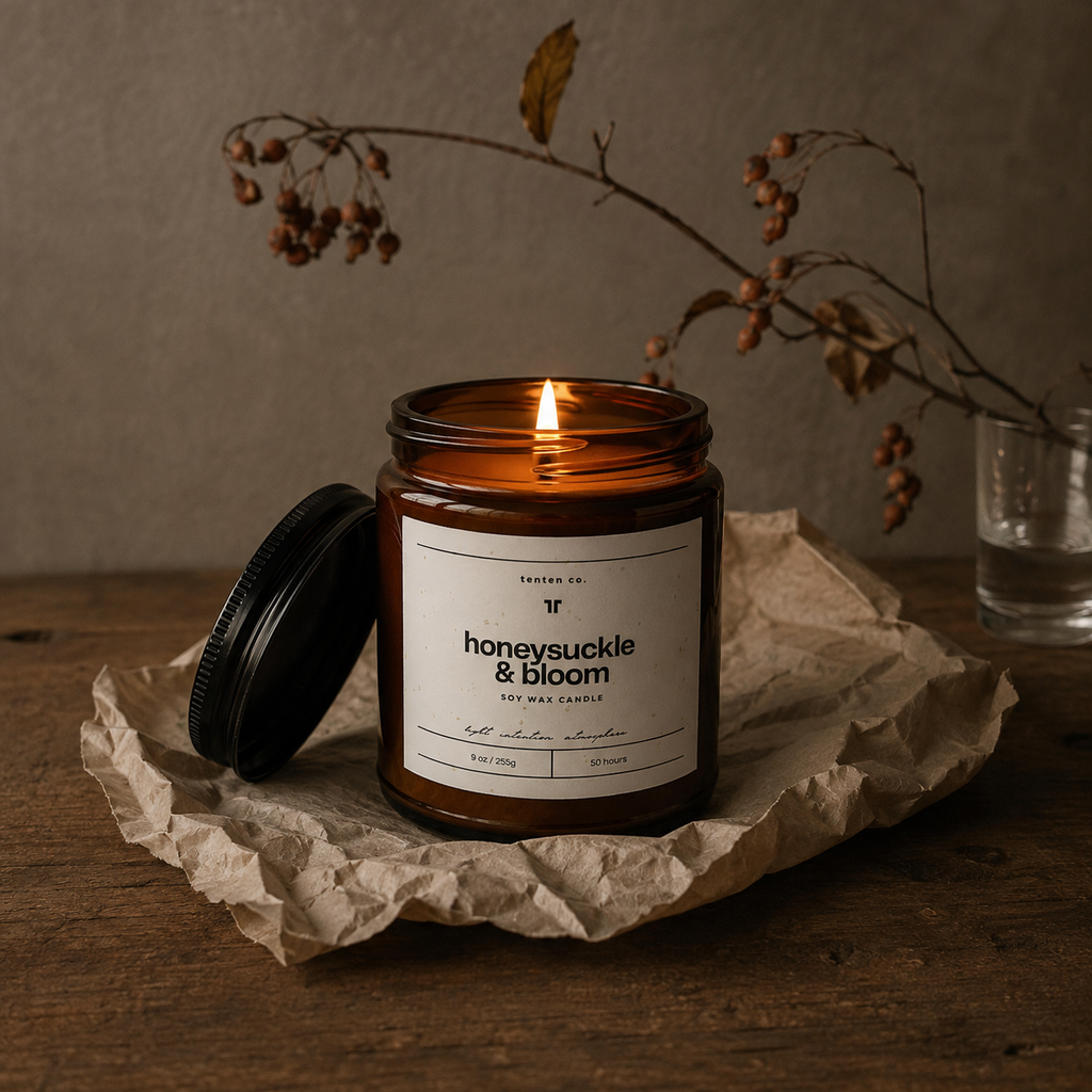Lit TenTen Honeysuckle and Bloom 255g candle on raw timber and kraft paper