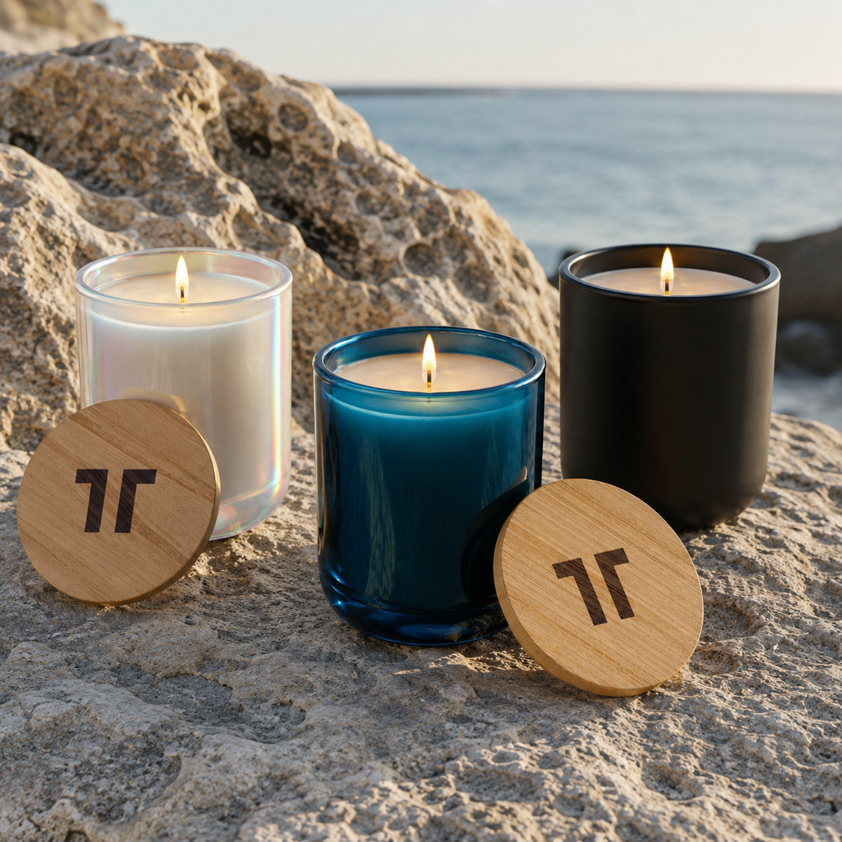 Three WESTERLY candles in pearl, deep blue and matte black glass beside the coast