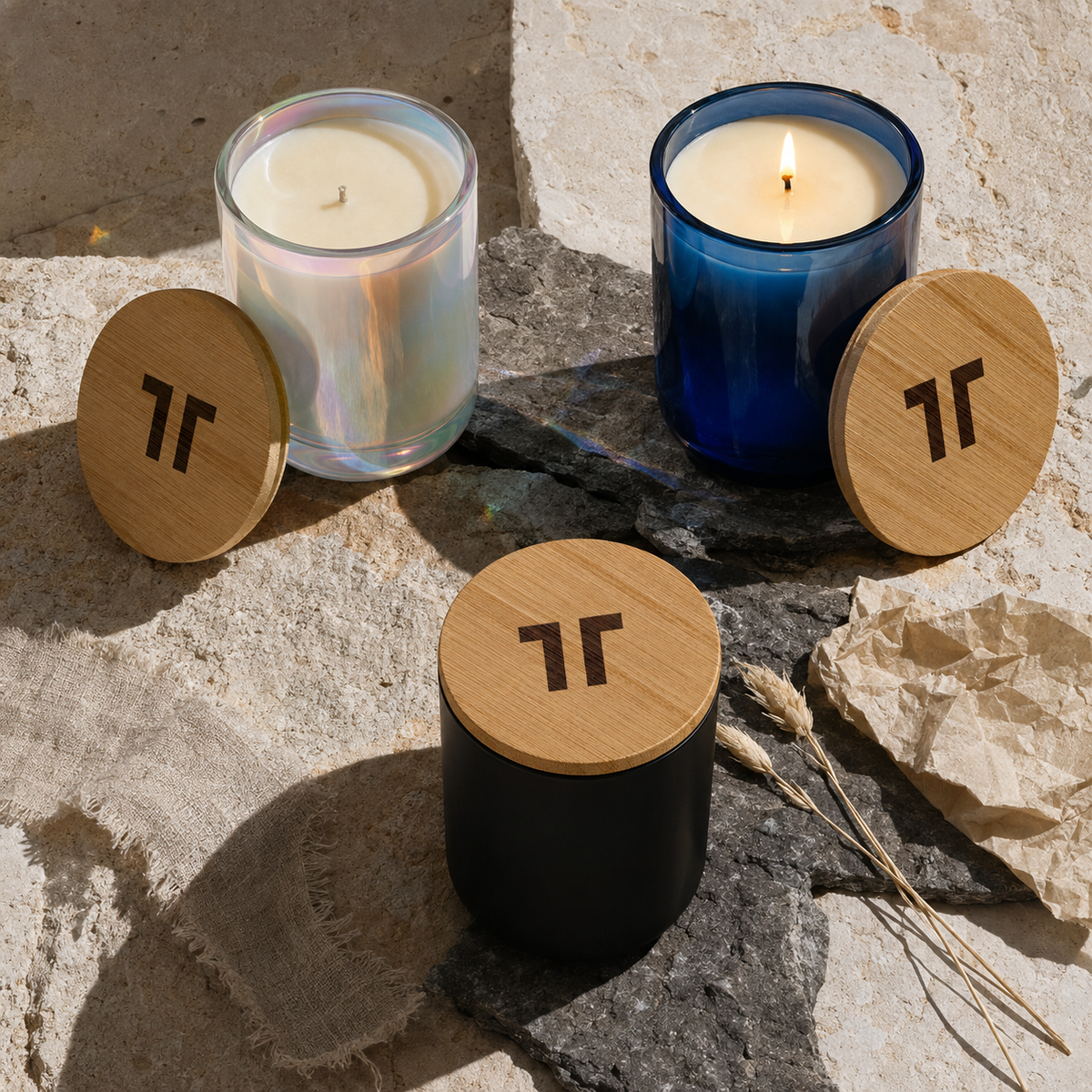 The Westerly Set — three TenTen 390g candles in pearl, cobalt and matte black glass